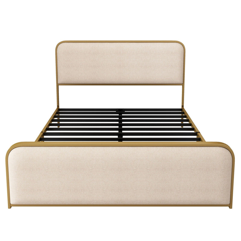 Queen Size Bed Frame With Curved Upholstered Headboard And Footboard - Beige / Gold by HouseOfZazla