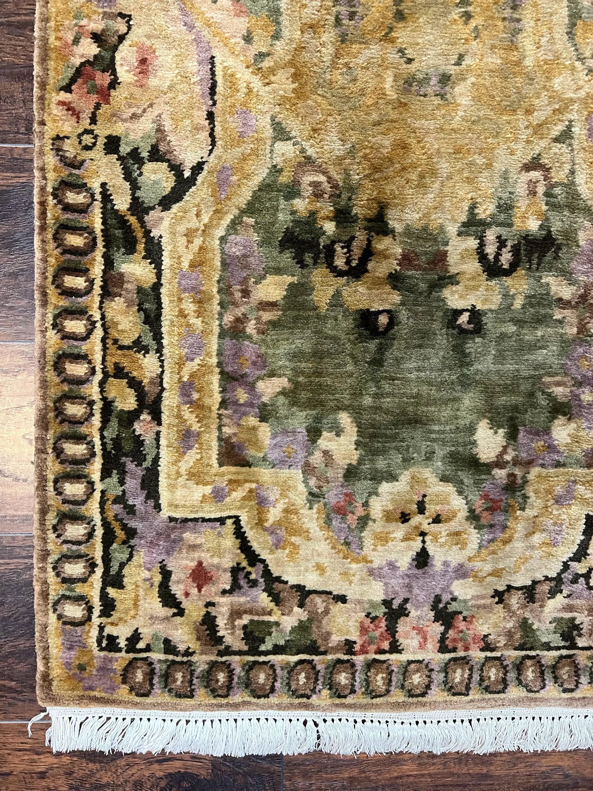 Tibetan Runner Rug 2.6 x 10, French Aubusson Pattern, Gold Olive Green, Vintage Handmade European Design, Wool Hallway Rug by Jewel Rugs