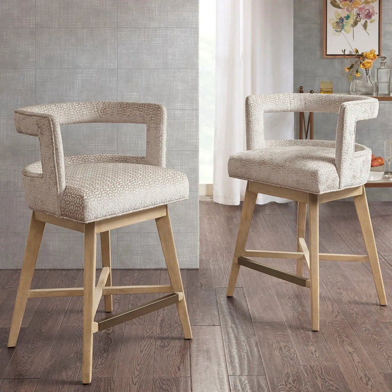 Design Swivel Counter Stool With Low Back Support Polyester And Solid Wood - Cream by HouseOfZazla