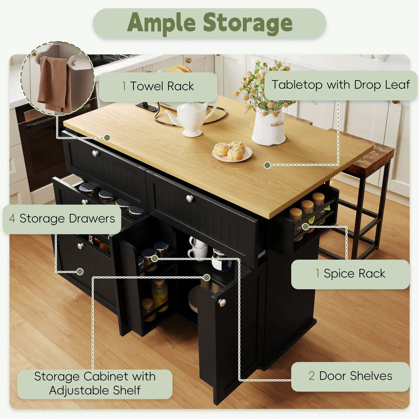 TOPMAX Farmhouse Kitchen Island with Drop Leaf and 2 Seatings by HouseOfZazla
