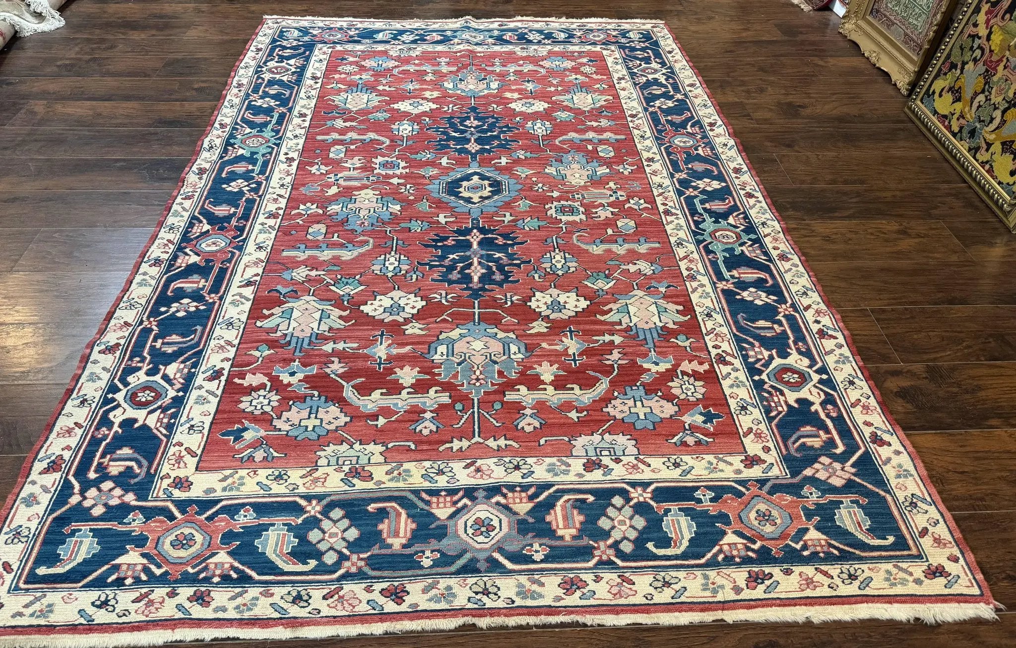 Turkish Flatweave Rug 6x9, Heriz Design, Red and Blue by Jewel Rugs