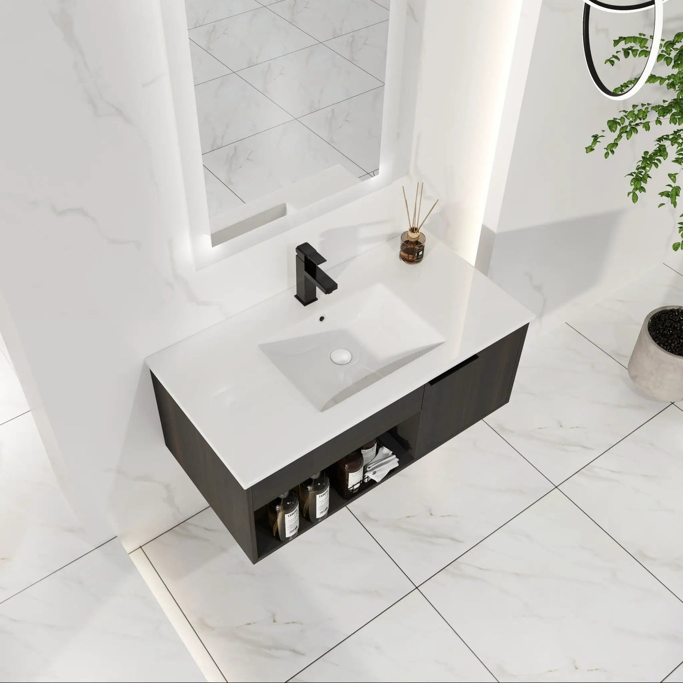 Wall Mounted Floating Bathroom Vanity With Open Shelf & Soft Close Door by HouseOfZazla
