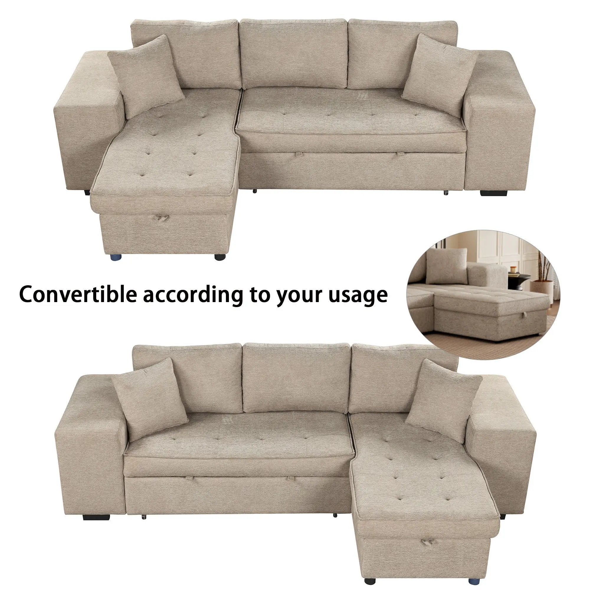 Modern L-Shape 3 Seat Reversible Sectional Couch, Pull Out Sleeper Sofa With Storage Chaise And 2 Stools For Living Room Furniture Set by HouseOfZazla