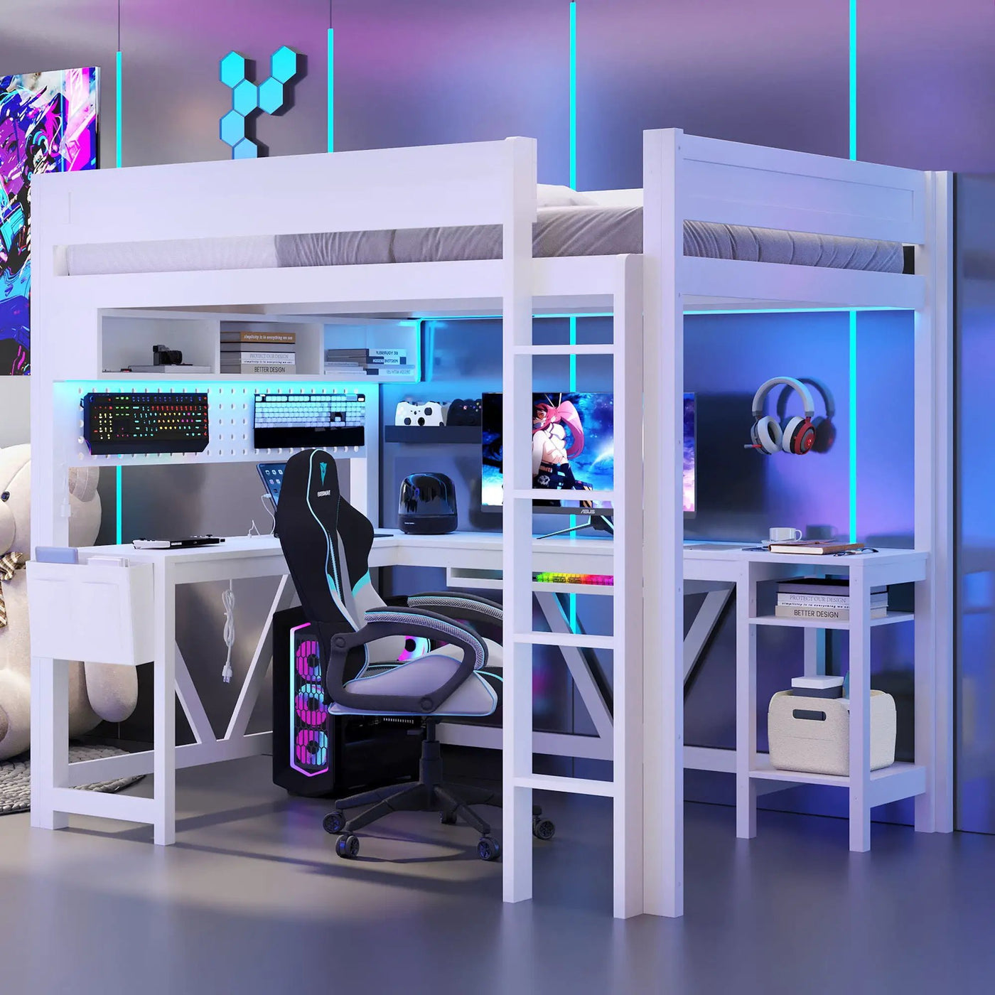 Gaming Loft Bed With Desk, Storage Shelves, LED And Charging Station by HouseOfZazla