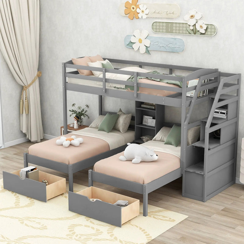 Twin Over Twin & Twin Bunk Bed With Drawers, Staircase Storage, Built In Shelves - Gray by HouseOfZazla