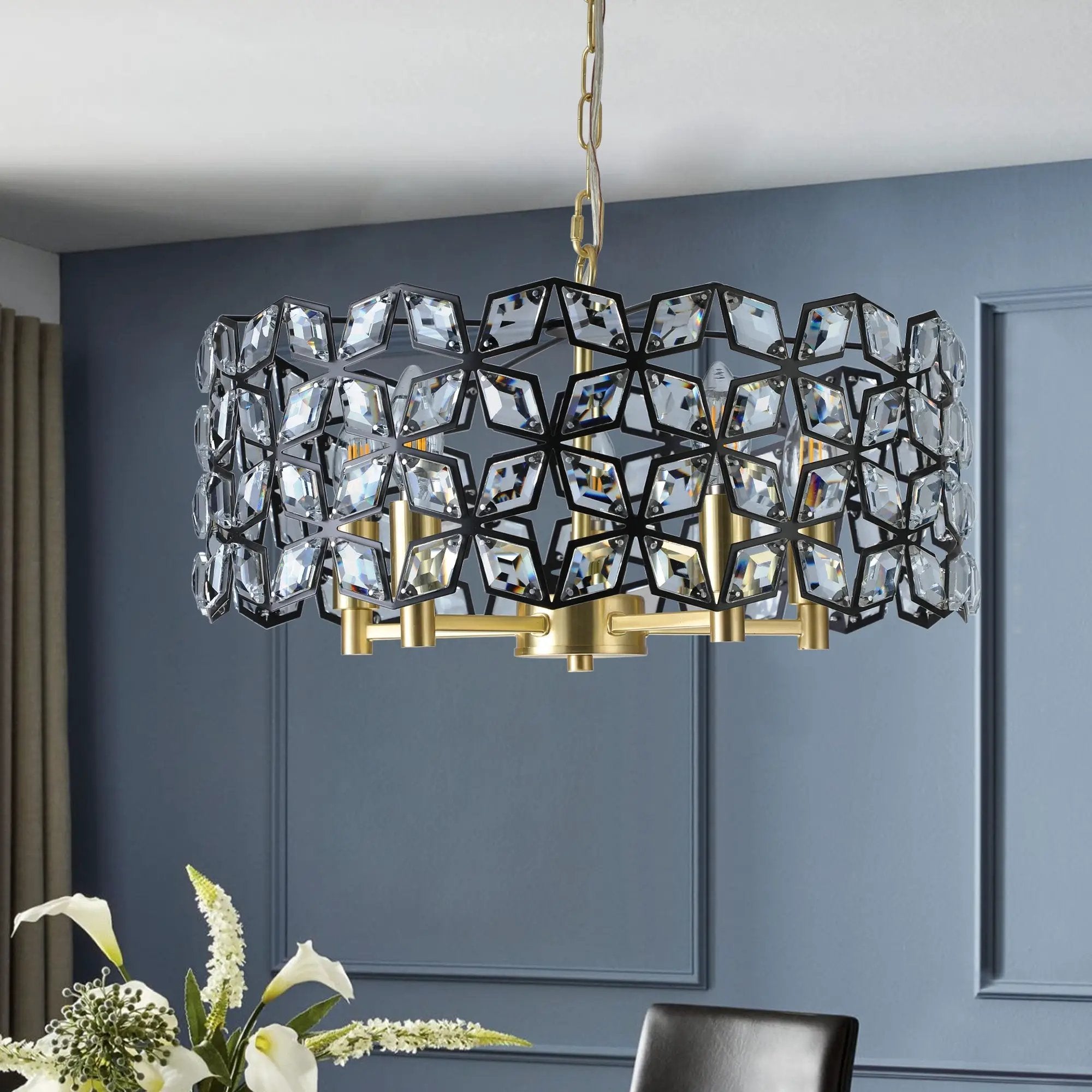 19" Geometric Crystal and Black Gold Round Pendant Chandelier by HouseOfZazla