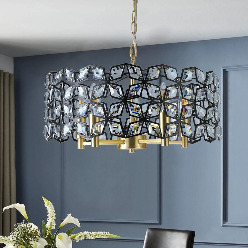 19" Geometric Crystal and Black Gold Round Pendant Chandelier by HouseOfZazla