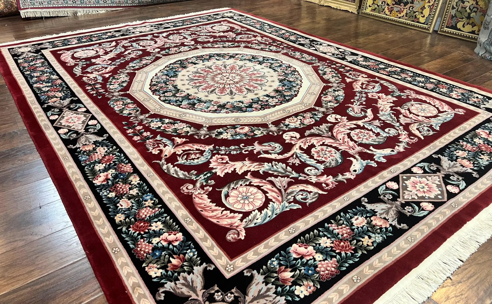Chinese Aubusson Rug 9x12, Burgundy, Handmade Vintage Wool Carpet, Fine 210 KPSI, Elegant European Design by Jewel Rugs