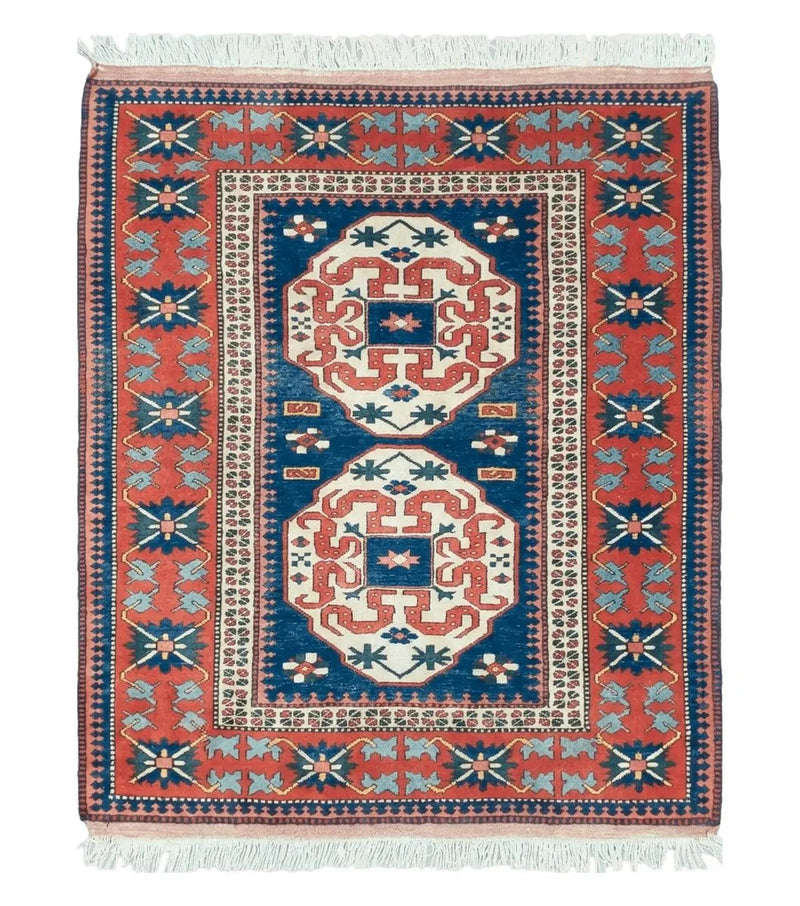 Turkish Kazak Rug 5x6 Vintage Handmade Wool Carpet Geometric Blue Red by Jewel Rugs