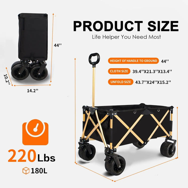 Aluminum Alloy Folding Wagon, Heavy Duty Utility Beach Wagon Cart For Sand With Big Wheels, Adjustable Handle & Drink Holders For Shopping, Camping, Garden And Outdoor by HouseOfZazla