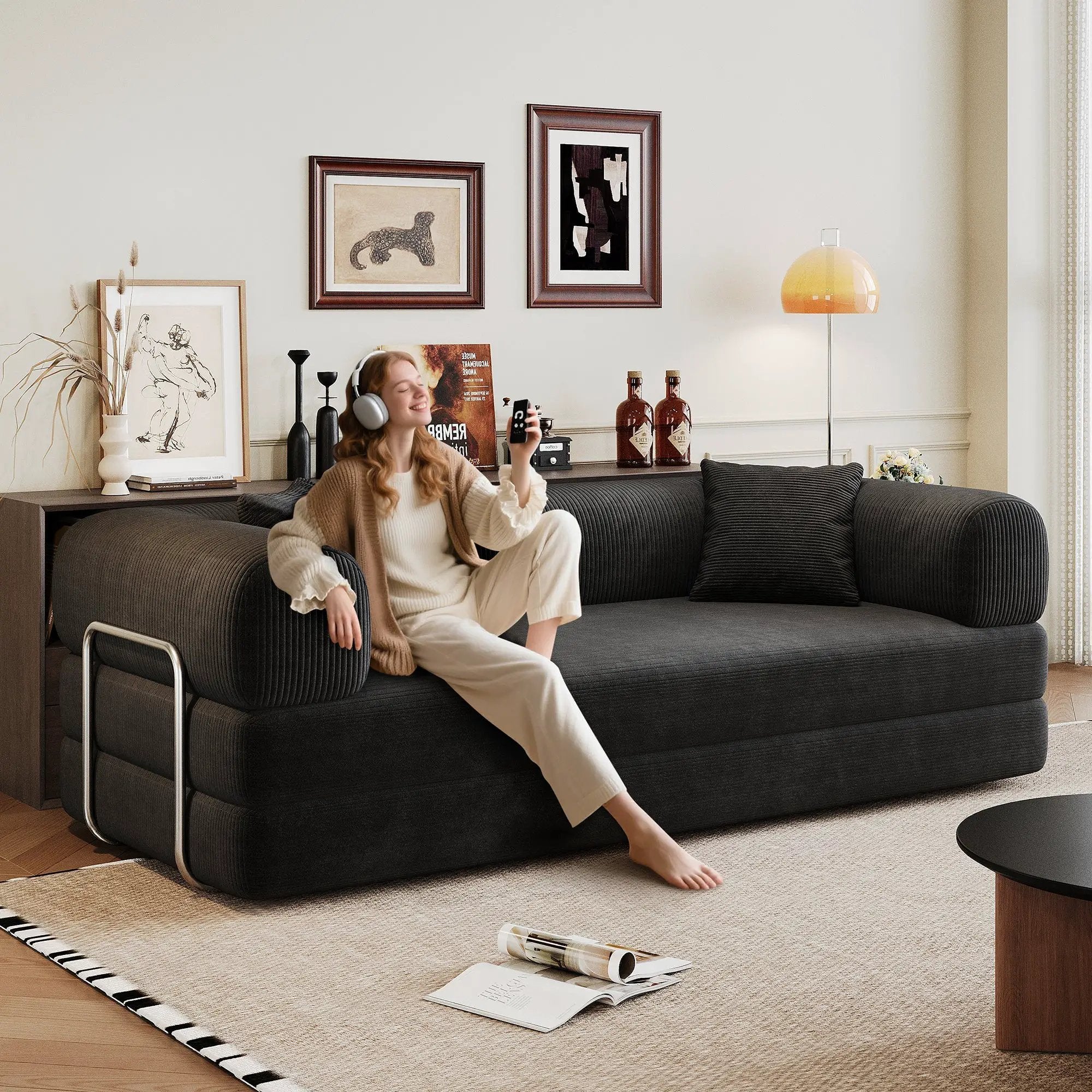 78.8' Compression Sofa,Convertible Floor Sofa Bed-with Pillow Back Support Armrest,Comfy Futon Couch Sleeper Bed,Loveseats Boneless Modular Sectional Sofa,Corduroy fabric,for Living Room,Bedroom,Black by HouseOfZazla