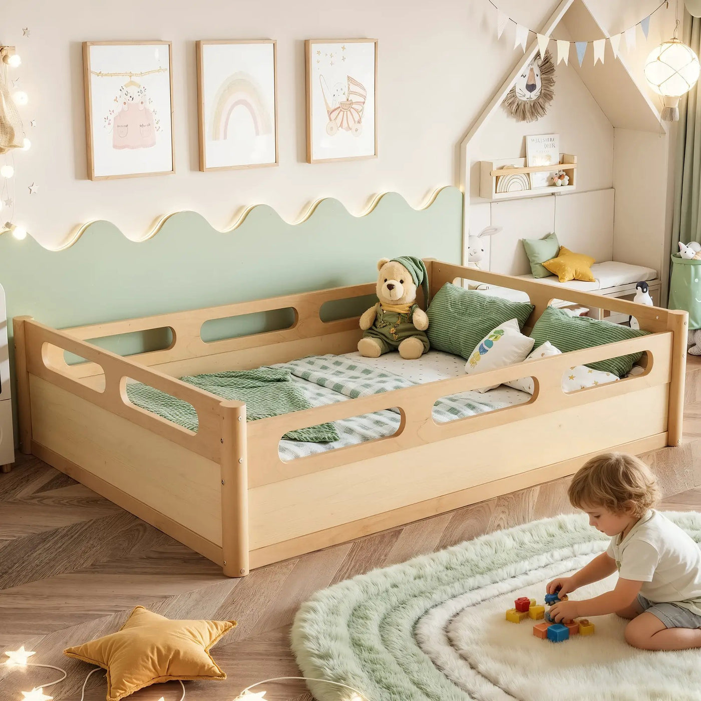 Full Size Floor Platform Bed with Full-length Guardrails by HouseOfZazla
