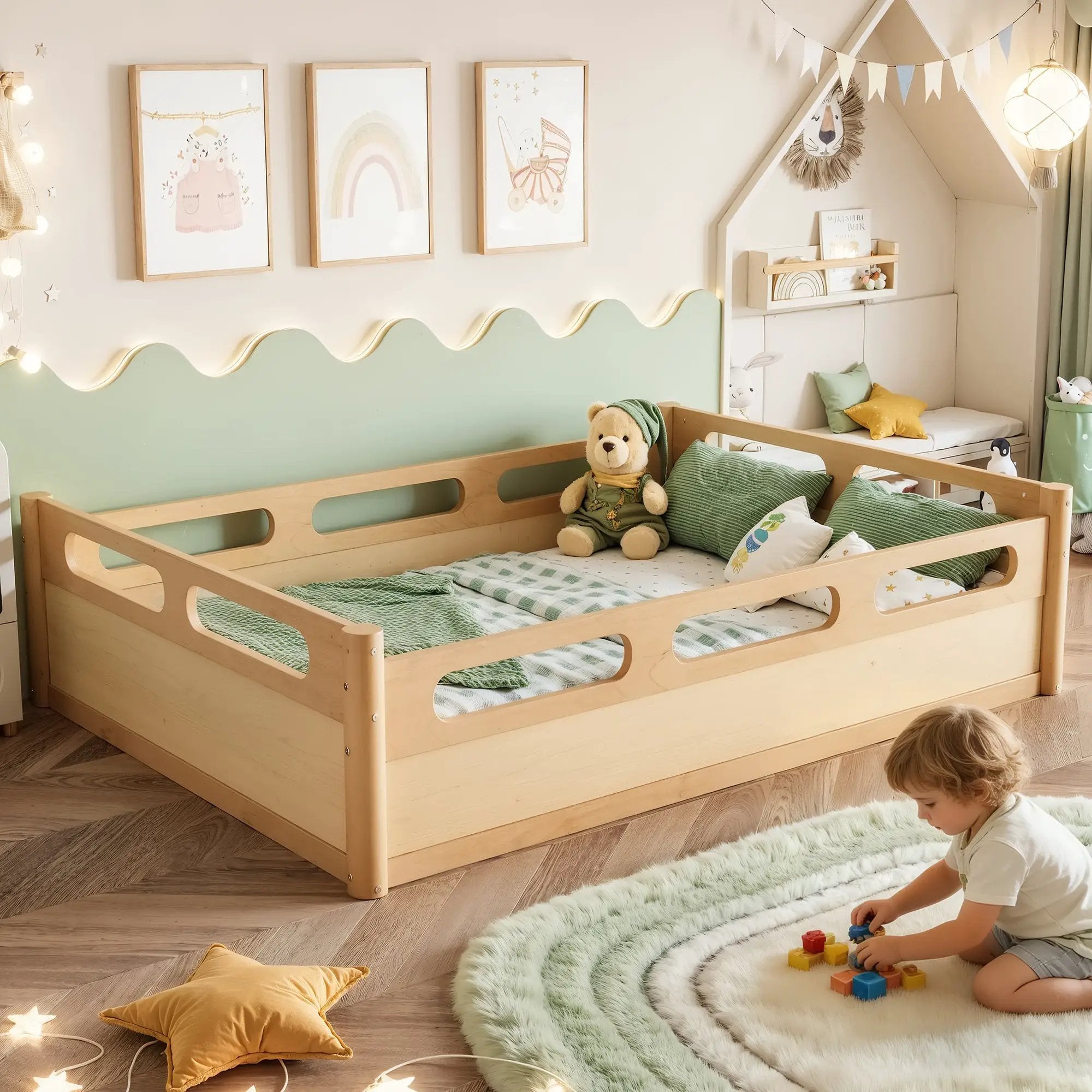 Full Size Floor Platform Bed with Full-length Guardrails by HouseOfZazla