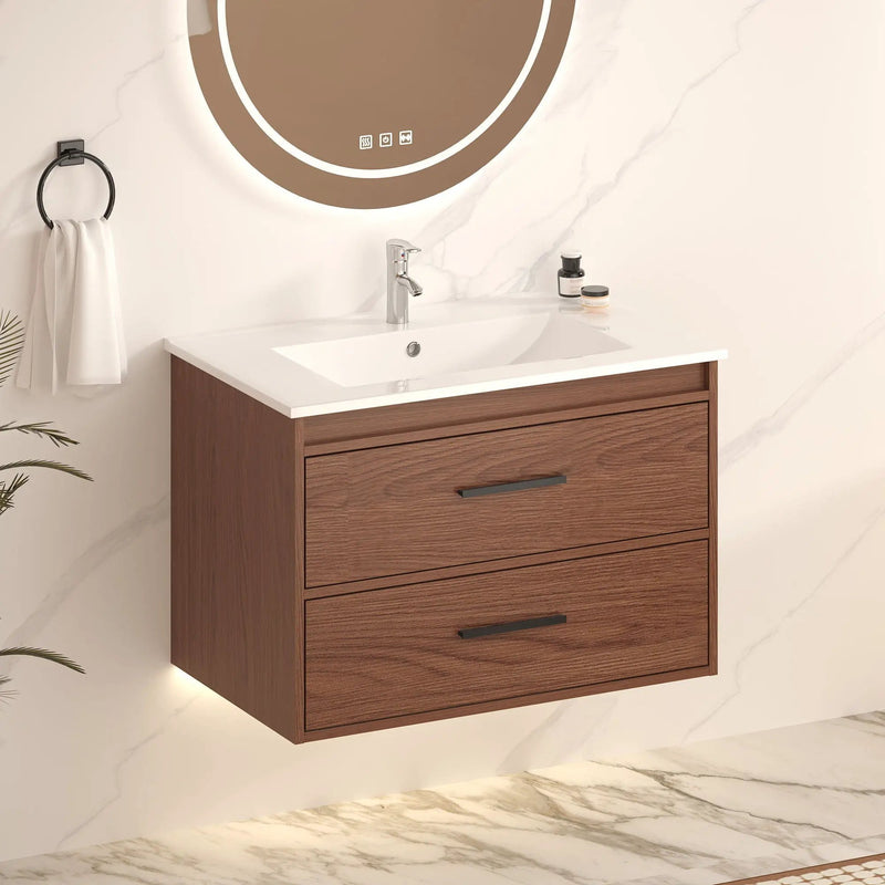 Wall Mounting Bathroom Vanity With Soft Close 2 Drawer, Sink - Reddish Brown by Unique Piece Furniture