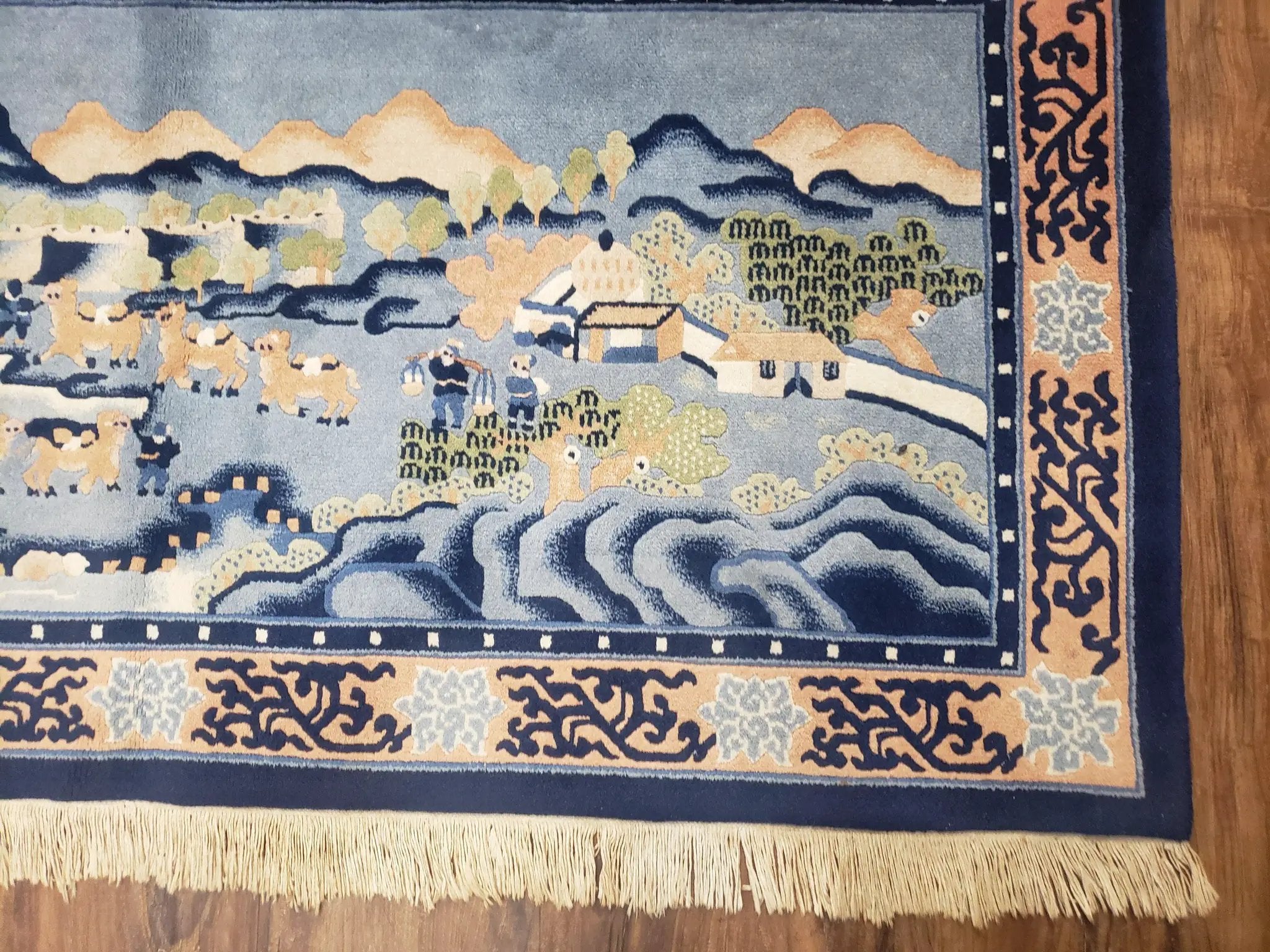 Vintage Chinese Pictorial Rug 2'4" x 4' 7", Chinese Village, Wool Hand-Knotted Blue & Teal Fine Carpet, Tapestry Rug, Woven Wall Art by Jewel Rugs