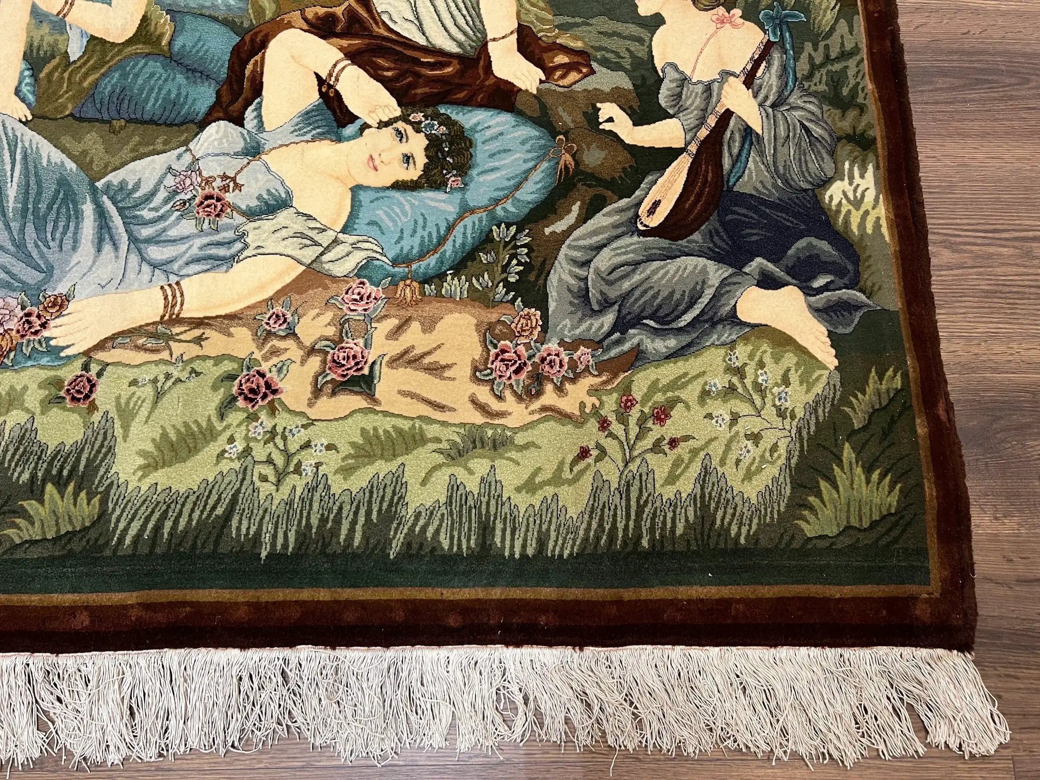 Persian Tabriz Pictorial Rug 5x3, Women Laying By River, Super Fine 60 Raj 480+ KPSI, Hand Knotted Wool Rug, Semi Antique Vintage Oriental Carpet by Jewel Rugs
