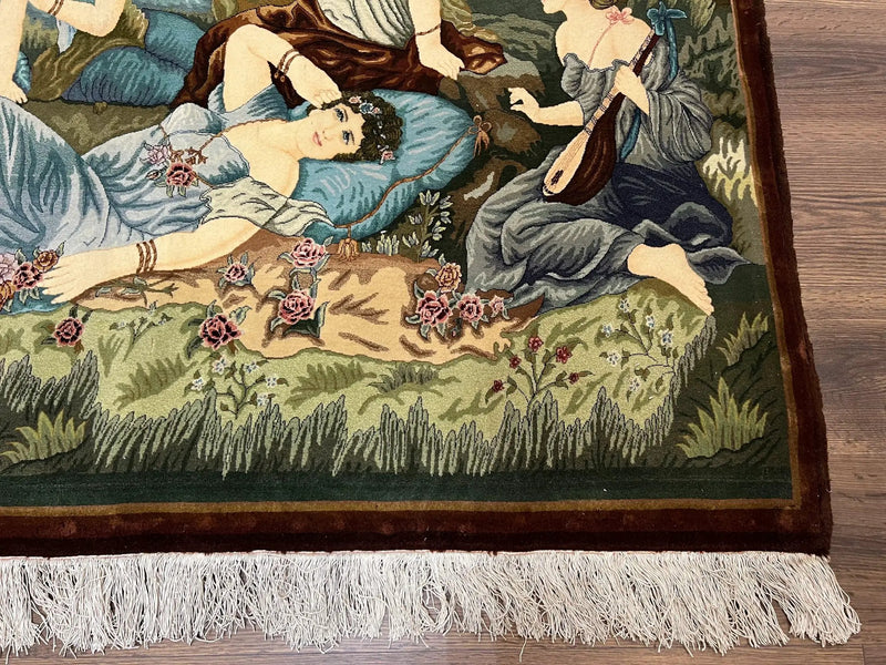 Persian Tabriz Pictorial Rug 5x3, Women Laying By River, Super Fine 60 Raj 480+ KPSI, Hand Knotted Wool Rug, Semi Antique Vintage Oriental Carpet by Jewel Rugs