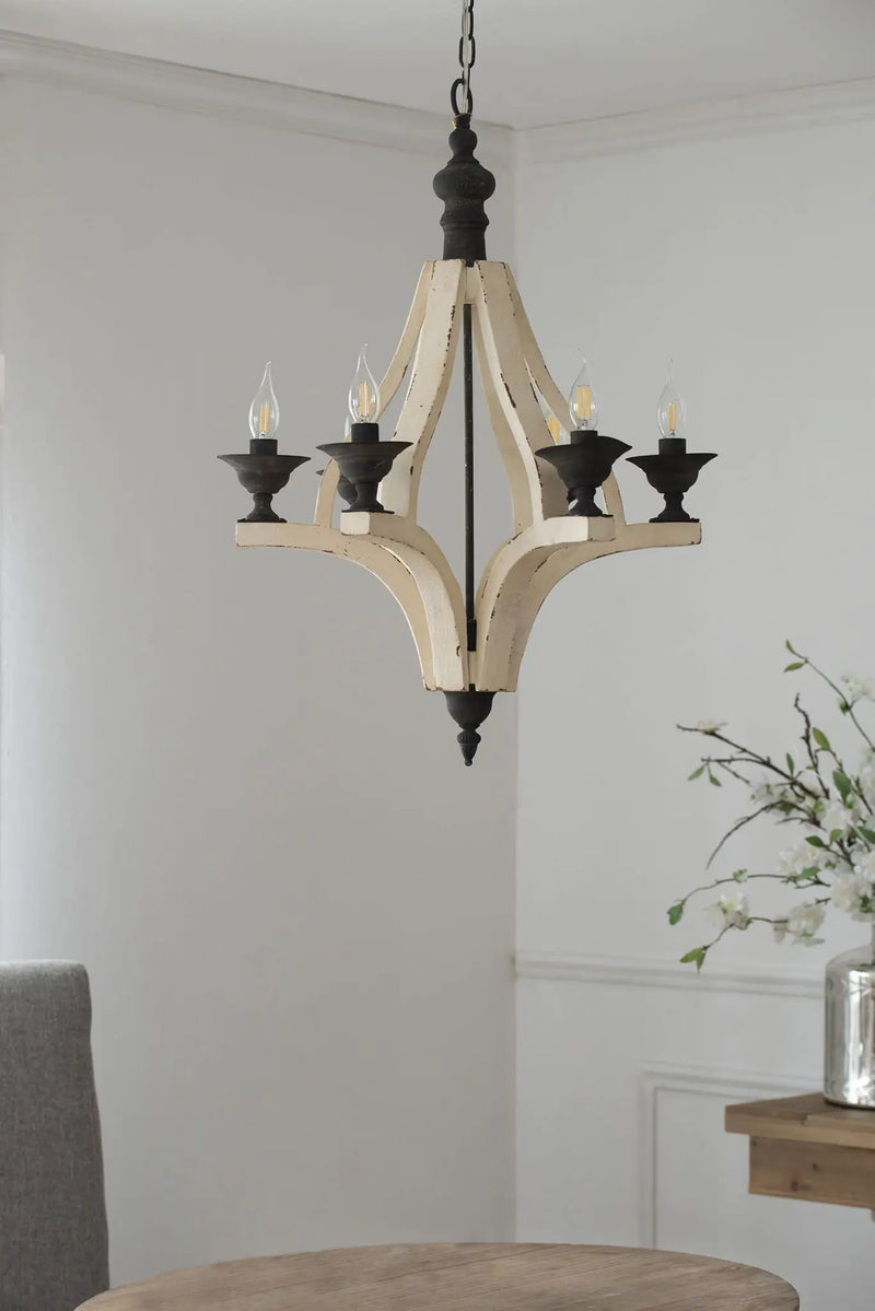 6 Light Wood Chandelier, Hanging Light Fixture With Adjustable Chain For Kitchen, Bulb Not Included - Cream by Unique Piece Furniture