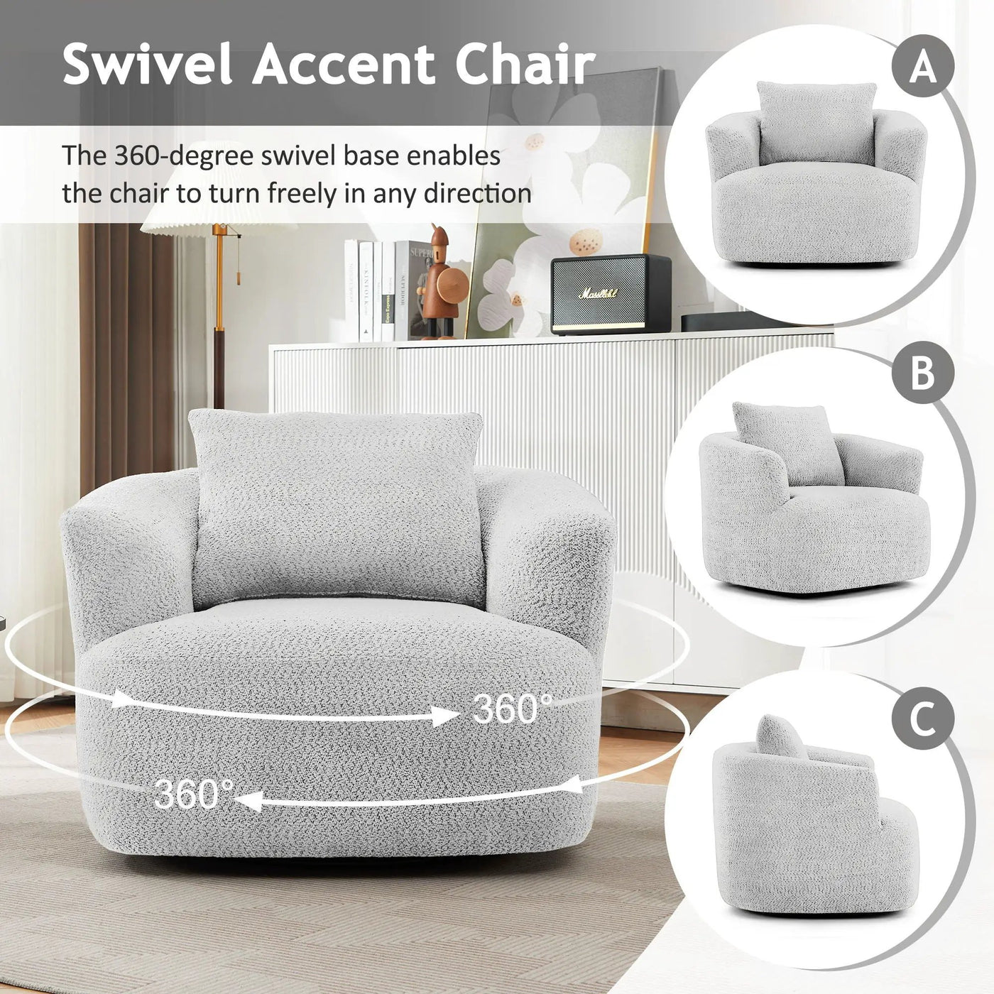 360° Swivel Barrel Sofa Chair With Throw Pillow, Upholstered Accent Chair by Unique Piece Furniture
