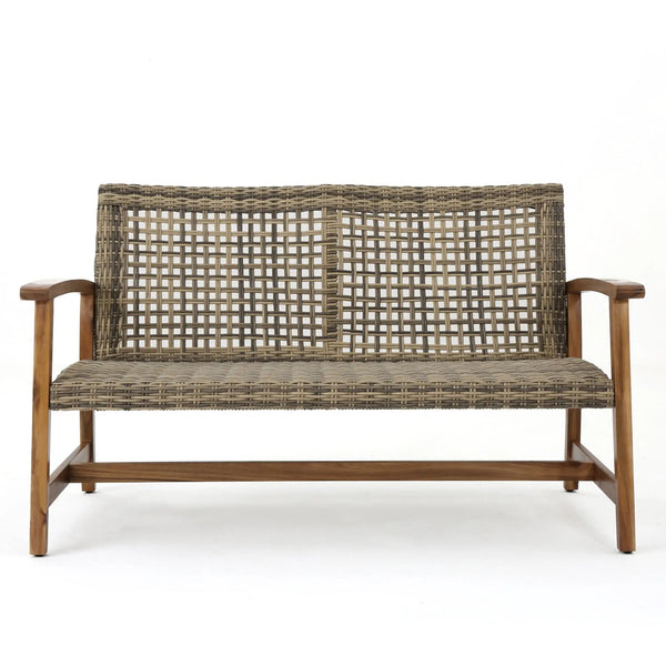 Outdoor Rattan Loveseat with Wooden Legs - Brown