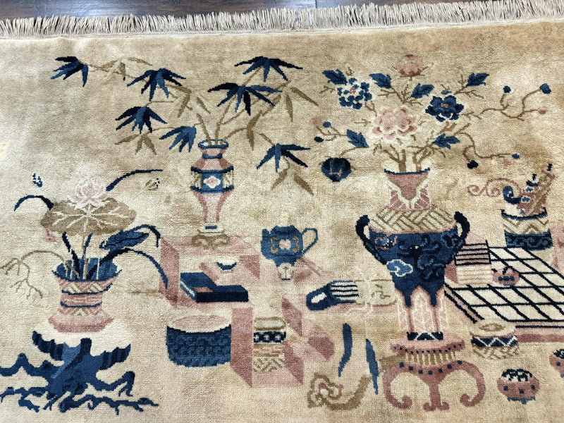 Chinese Rug 5x3, Horizontal Rug, Vases Flowers, Handmade Antique Vintage Carpet, Peking Rug, Chinese Wool Rug by Jewel Rugs