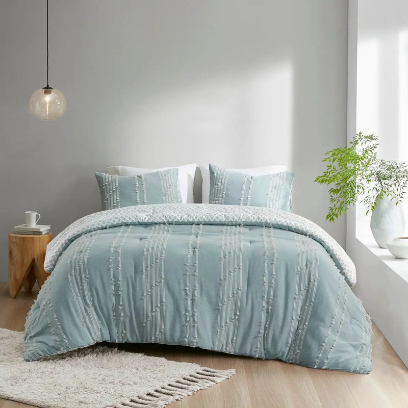 3 Piece Cotton Jacquard Comforter Set Aqua Full/Queen by HouseOfZazla