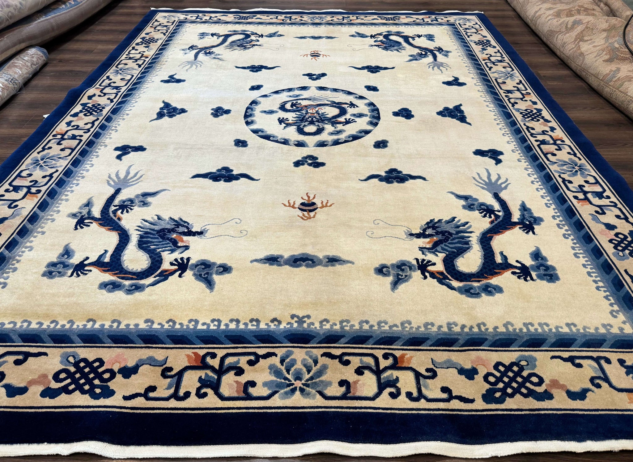 Chinese Dragon Peking Rug 8 x 11.6, Ivory and Blue, Chinese Wool Rug, Vintage by Jewel Rugs