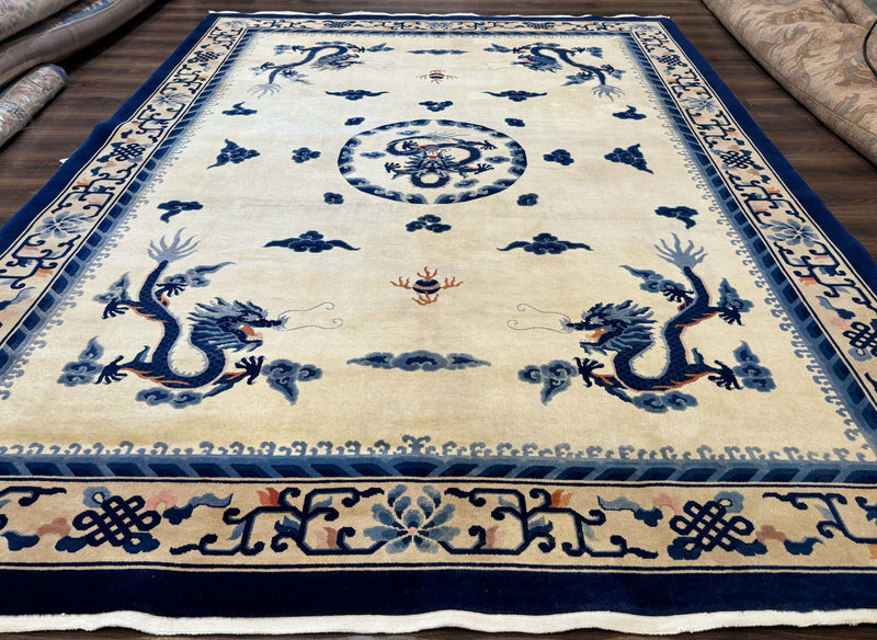 Chinese Dragon Peking Rug 8 x 11.6, Ivory and Blue, Chinese Wool Rug, Vintage by Jewel Rugs