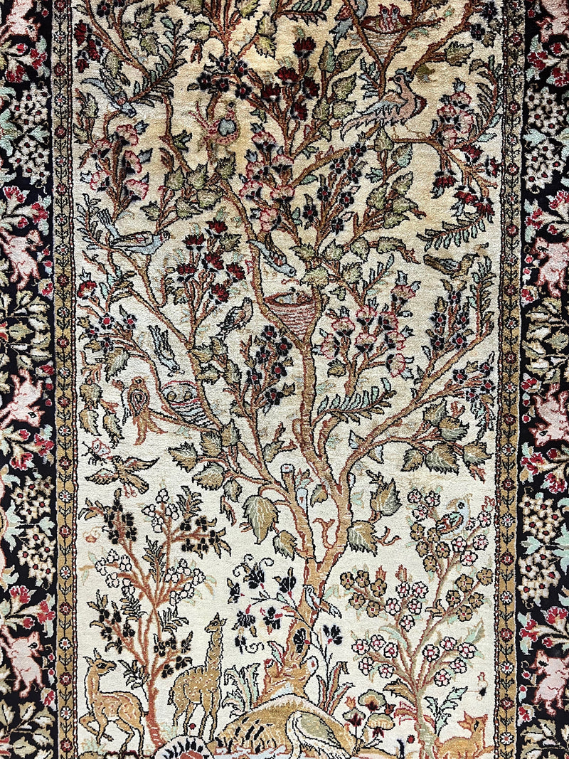 Silk Tree of Life Persian Qum Rug 3x4, Hand Knotted Vintage Carpet, Cream & Black, Very Fine Oriental Rug, Animal Pictorials, Birds by Jewel Rugs