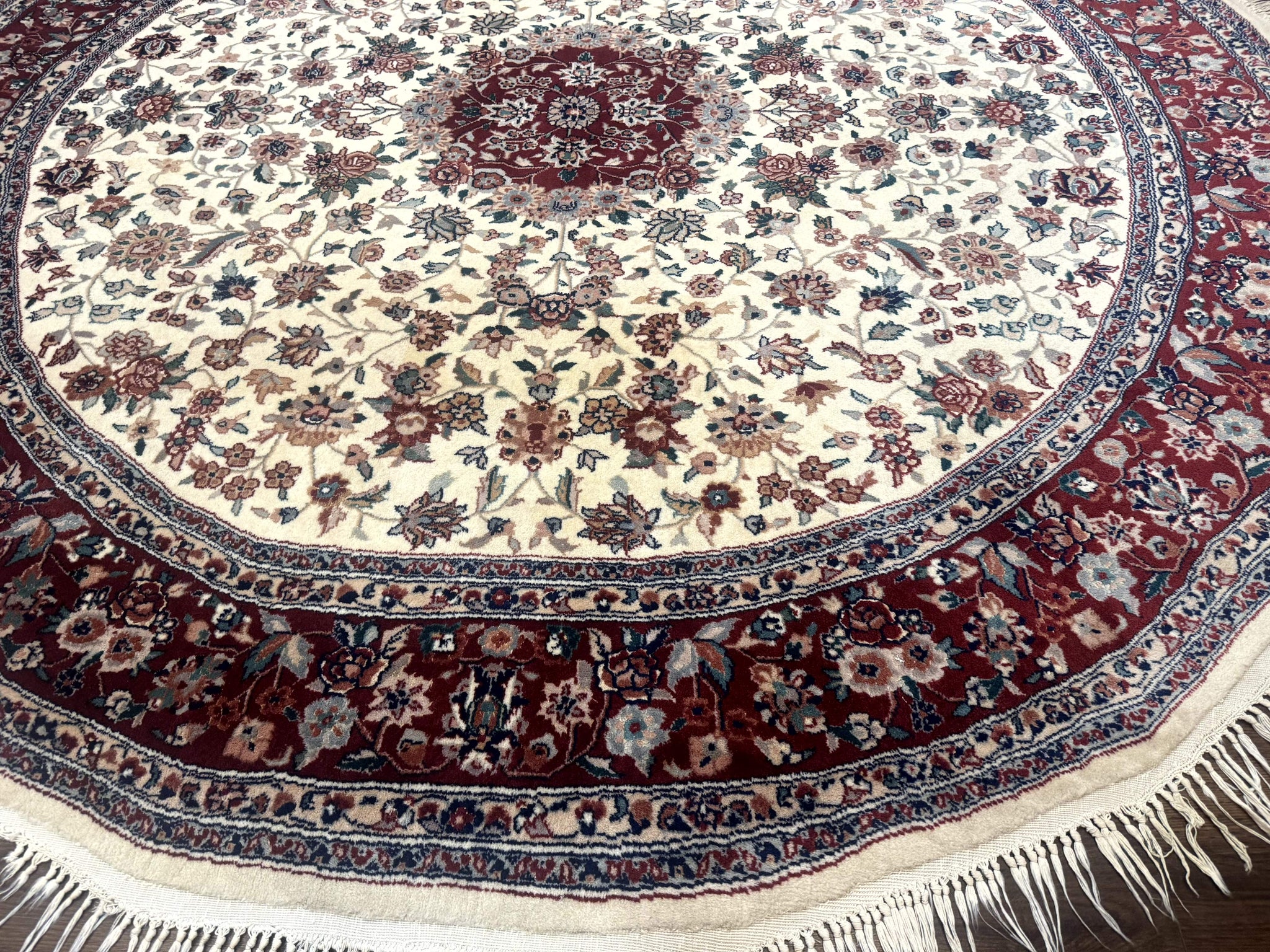 Round Sino Persian Rug 8x8, Wool and Silk, Floral Medallion, Ivory Dark Red by Jewel Rugs