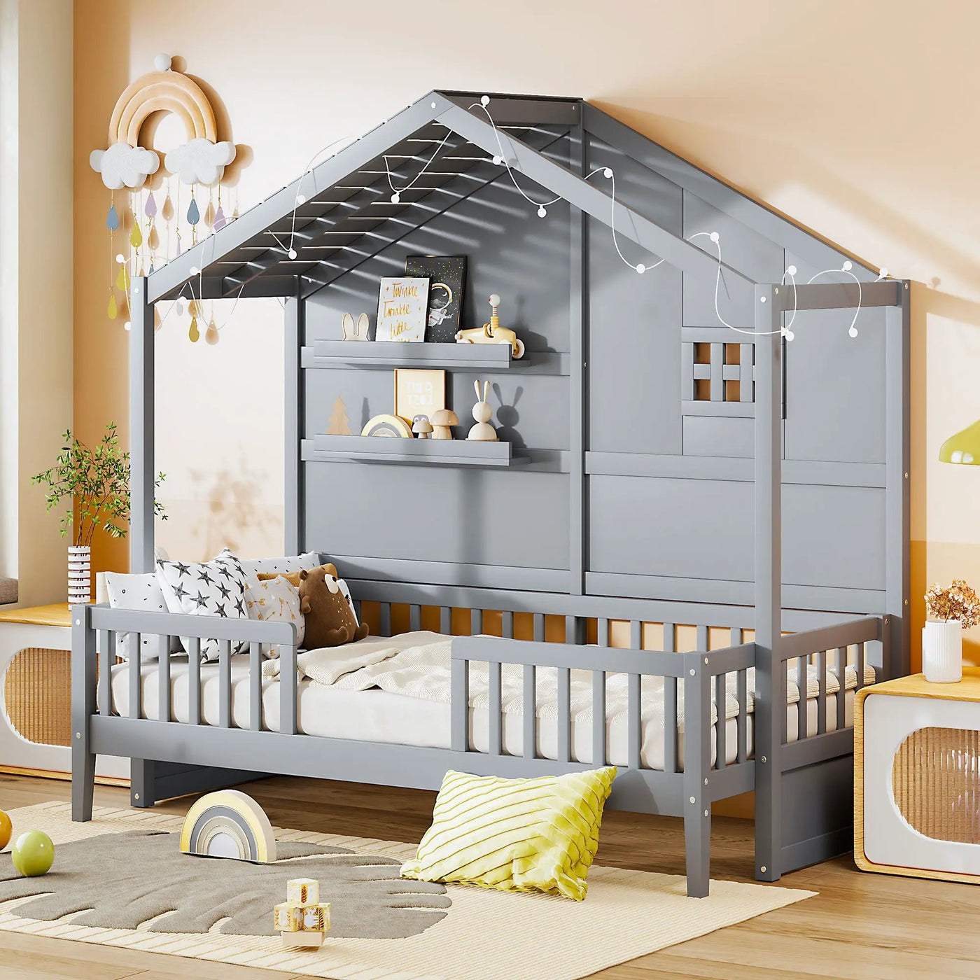 House Bed With Shelves, Window And Sparkling Light Strip On The Roof by Unique Piece Furniture
