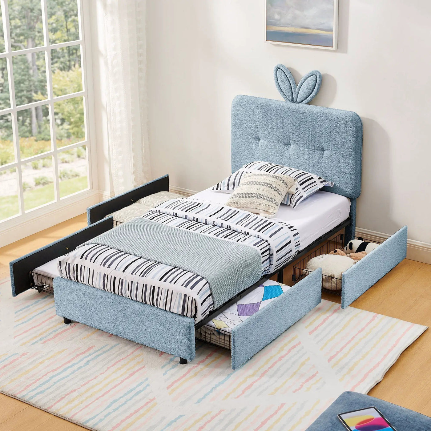 Upholstered Bed With Oversized Rabbit Ear Headboard, LED Lights & 4 Storage Drawers by HouseOfZazla