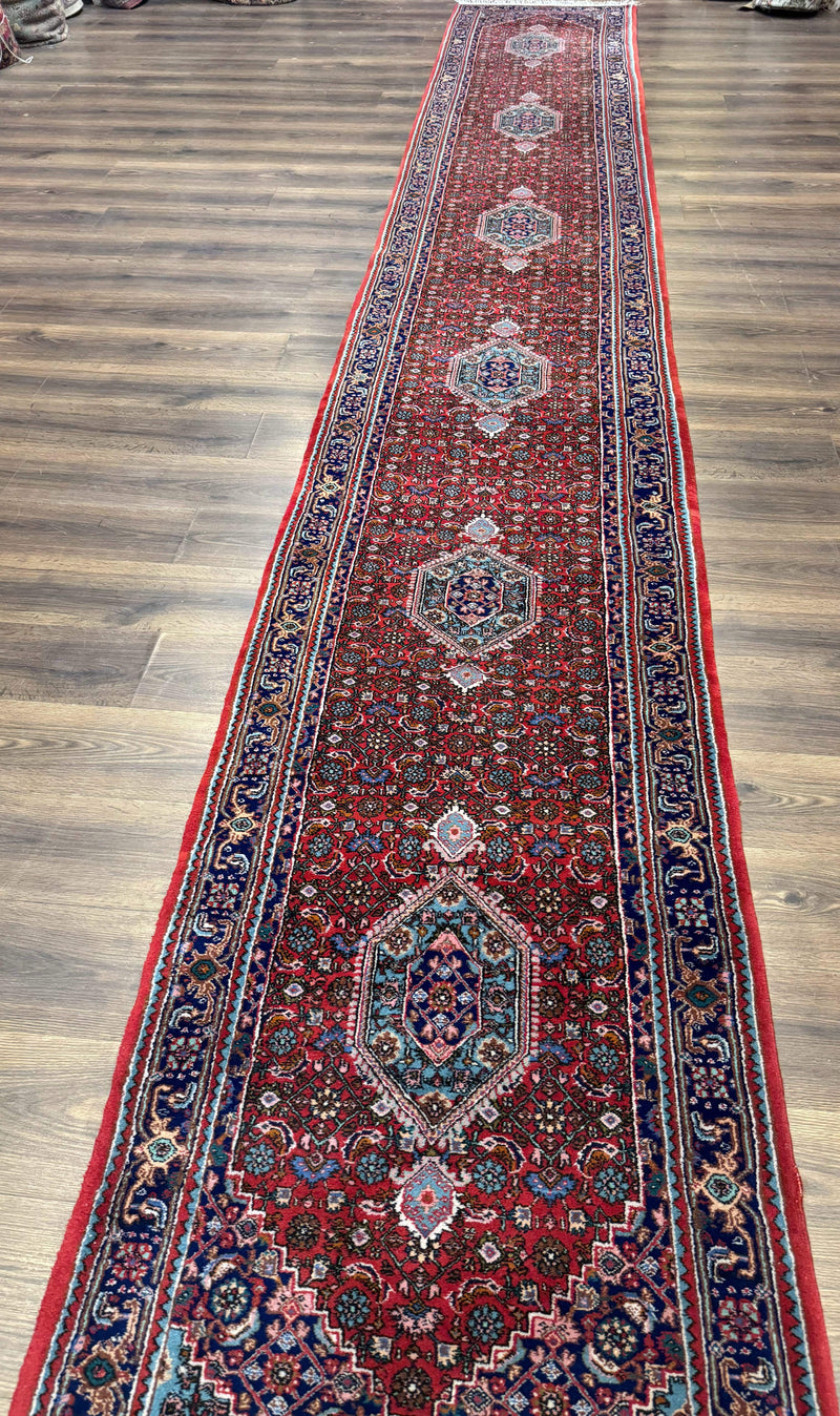 Indo Persian Bidjar Runner Rug 3 x 18.6, Red Navy Blue, Long Runner, Wool Oriental Carpet by Jewel Rugs
