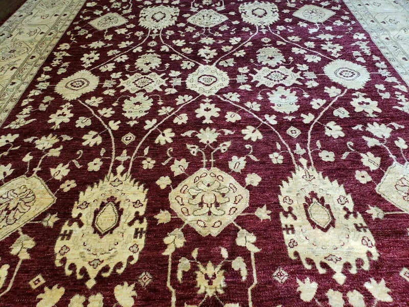 Pakistani Peshawar Rug 10x14, Handmade Chobi Carpet, Maroon & Beige by Jewel Rugs