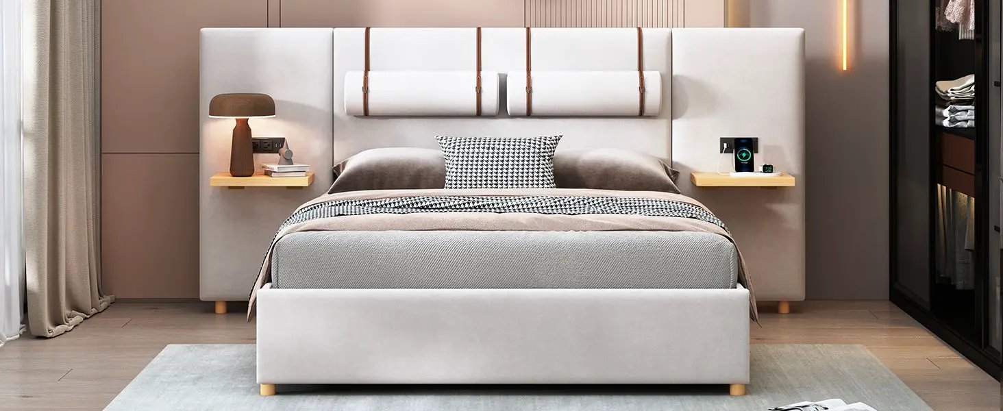 Upholstered Platform Bed, 2 Outlets And USB Charging Ports On Both Sides, 2 Bedside Pillows, Storage Shelves by HouseOfZazla