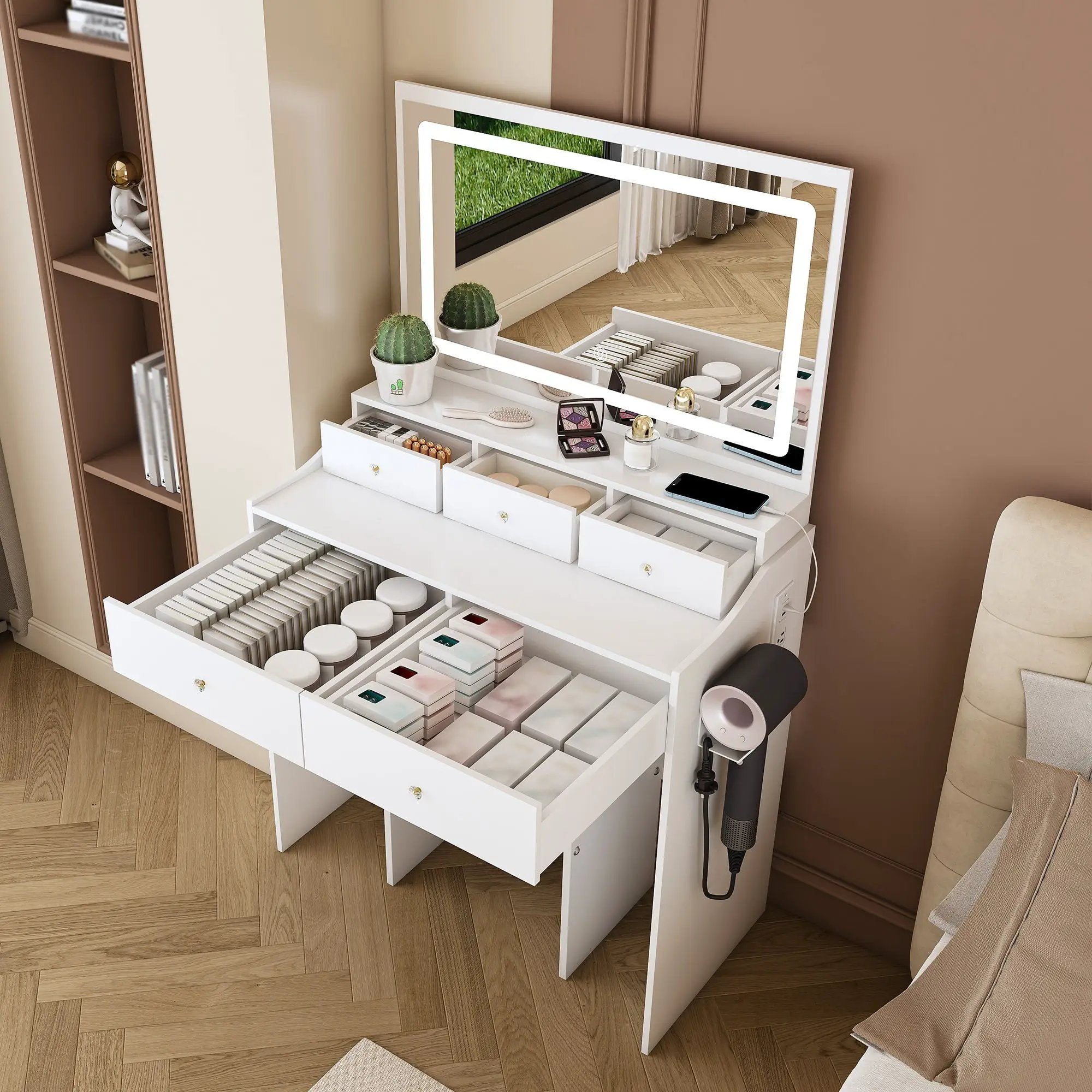 Modern Makeup Vanity Set With Power Outlet, Hair Dryer Holder, And Adjustable Lighting by Unique Piece Furniture