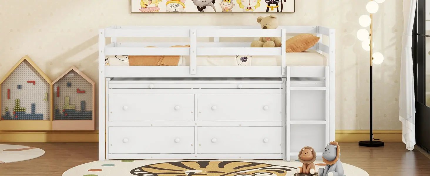 Loft Bed With Retractable Writing Desk And 4 Drawers, With Lateral Portable Desk And Shelves by HouseOfZazla