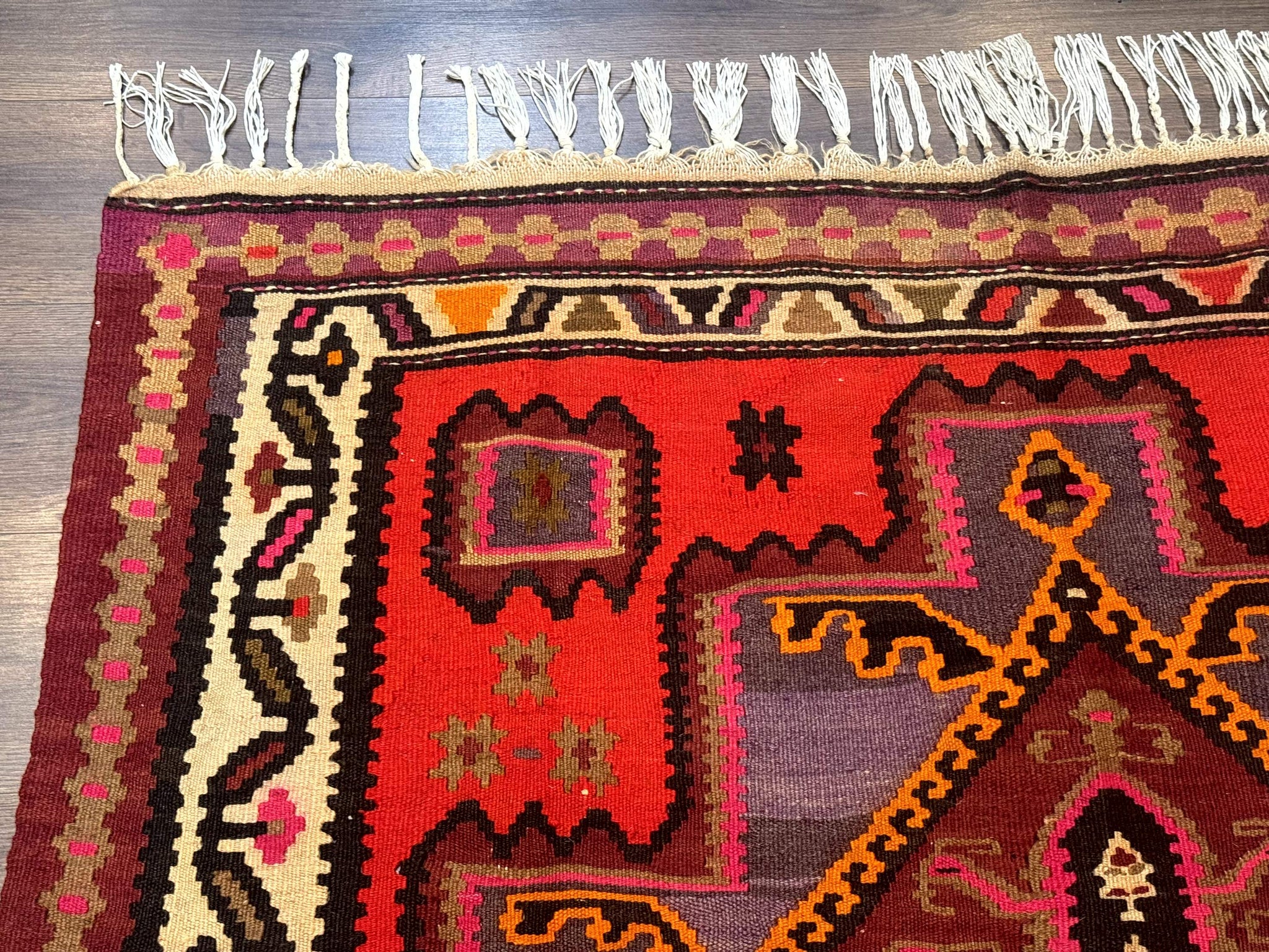 Persian Kurdish Zarand Kilim Rug 5x9, Red, Geometric Medallions, Wide Runner by Jewel Rugs