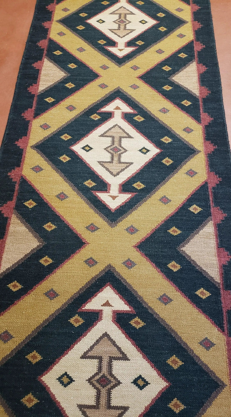 Vintage Indian Kilim Runner Rug, Geometric Flatweave Hand-Knotted Wool Kitchen Hallway Runner, Black Gold & Beige, 2' 8" x 9' 9" by Jewel Rugs