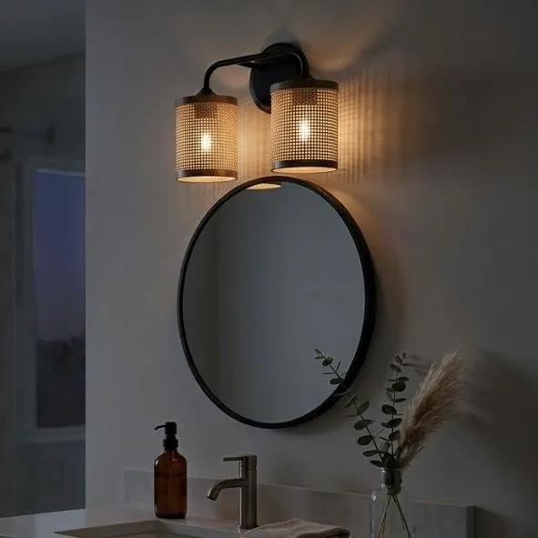 Quell - Double Light Vanity With Natural Shade Wall Lamp - Black / Rattan by HouseOfZazla