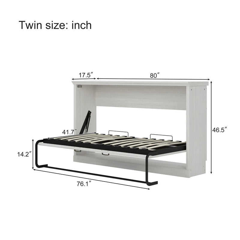 Twin Size Horizontal Murphy Bed With Dual Piston System, Space Saving Wall Bed Folds Into Cabinet - Rustic White by HouseOfZazla
