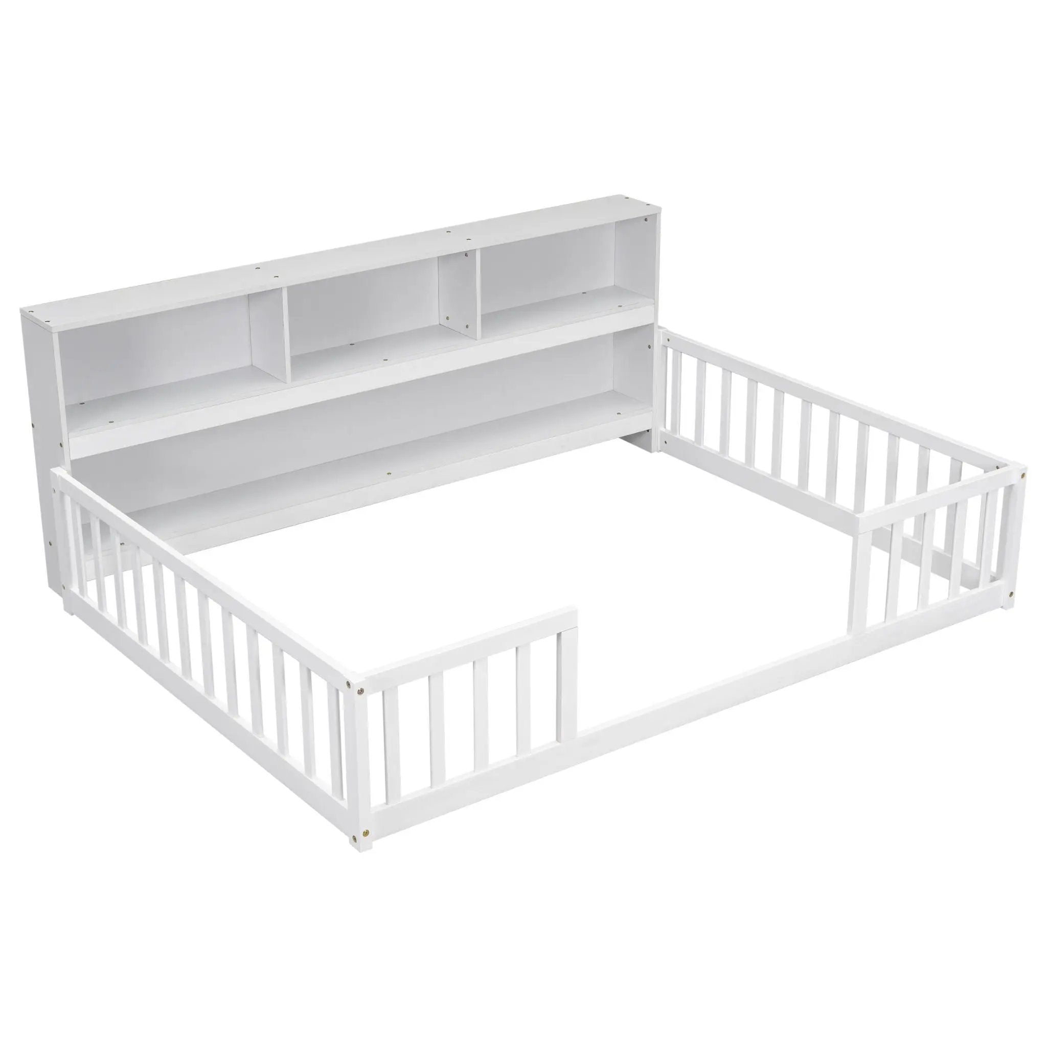 Floor Bed With Side Bookcase, Shelves, Guardrails by HouseOfZazla