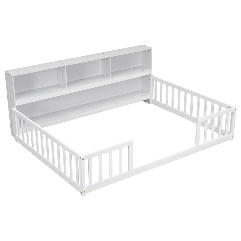 Floor Bed With Side Bookcase, Shelves, Guardrails by HouseOfZazla