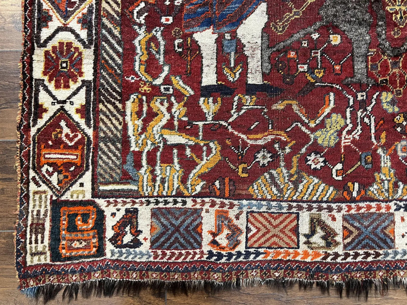 Antique Persian Shiraz Pictorial Rug 3.6 x 5, Persian Tribal Rug, Handmade, Lions, Highly Unique Collectible Small Persian Carpet, Maroon, Wool by Jewel Rugs