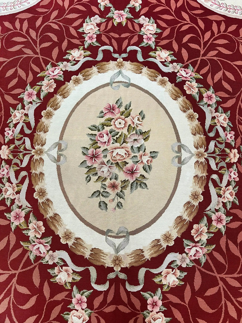 Wonderful Aubusson Rug 9x12, Handmade Vintage Needlepoint Carpet, Red and Ivory, Elegant European Design, Wool by Jewel Rugs
