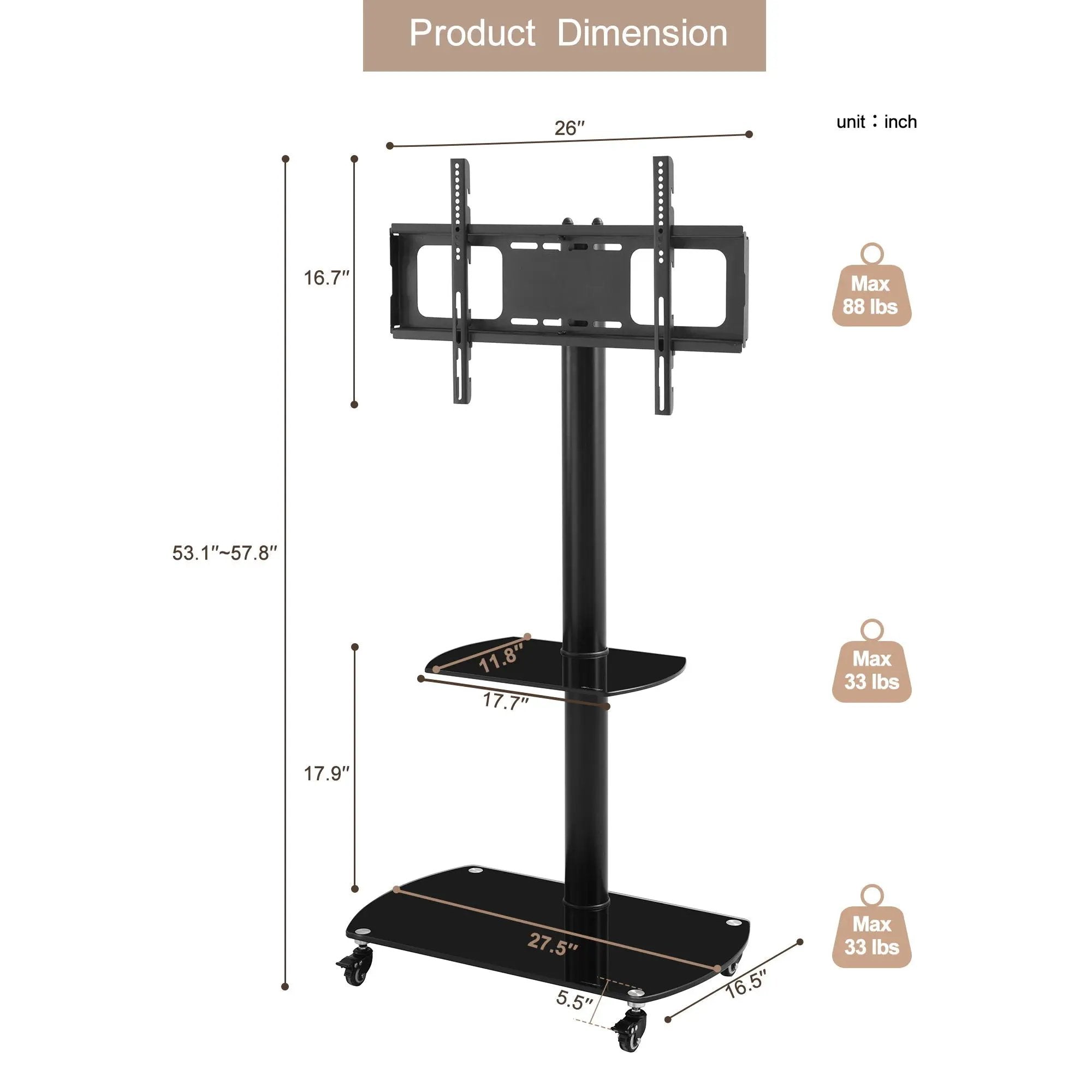 Height And Angle Adjustable Multi-Function Tempered Glass Metal Frame Floor With Lockable Wheels Mobile TV Stand, Lcd / Plasma TV Bracket 2 Tier Tempered Glass Shelves For Multiple Media Devices - Black by Unique Piece Furniture