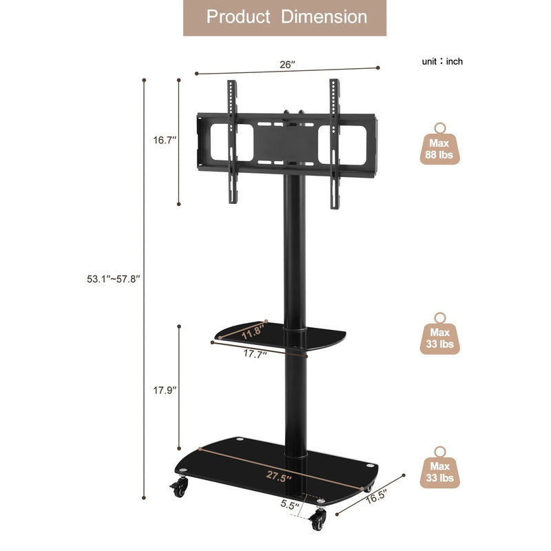 Height And Angle Adjustable Multi-Function Tempered Glass Metal Frame Floor With Lockable Wheels Mobile TV Stand, Lcd / Plasma TV Bracket 2 Tier Tempered Glass Shelves For Multiple Media Devices - Black by Unique Piece Furniture