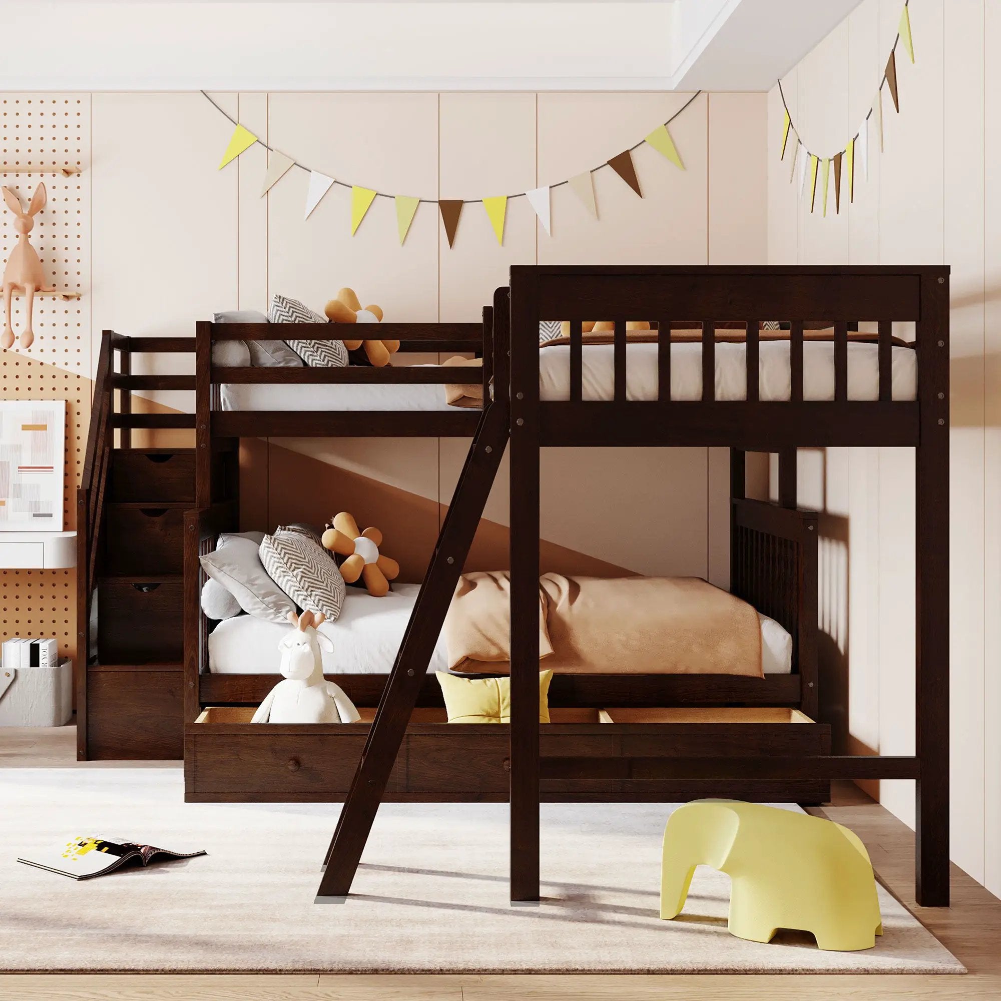 Solid L Shaped Bunk Bed With 3 Drawers, Ladder And Staircase by HouseOfZazla