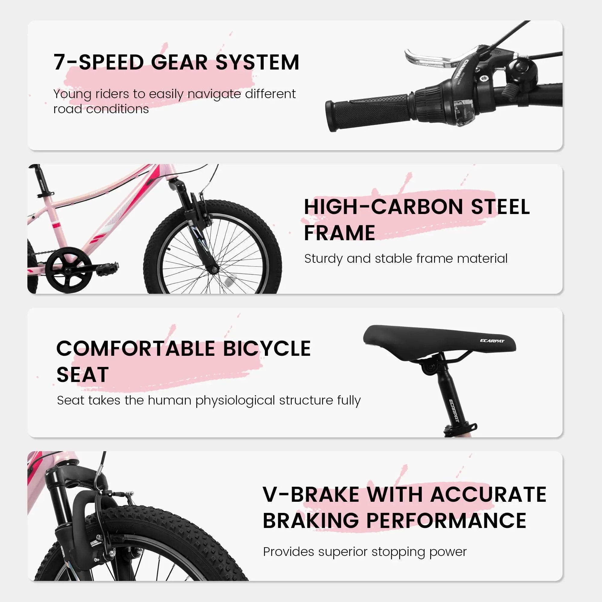 20" Children's Bicycle Shock Absorbing Front Fork 7 Speed V Brakes Mountain Tire Boys And Girls Kids Bike For Outdoor Adventure - Pink by HouseOfZazla