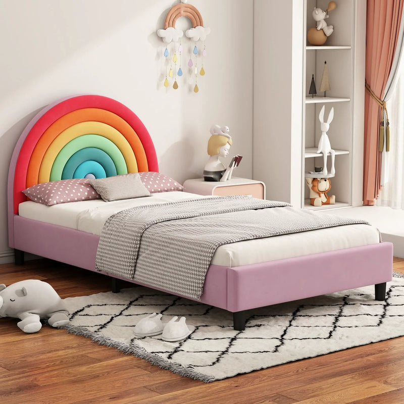 Rainbow Design Upholstered Twin Platform Bed Cute Style Princess Bed For Boys & Girls, Teens - Colorful / Pink by HouseOfZazla